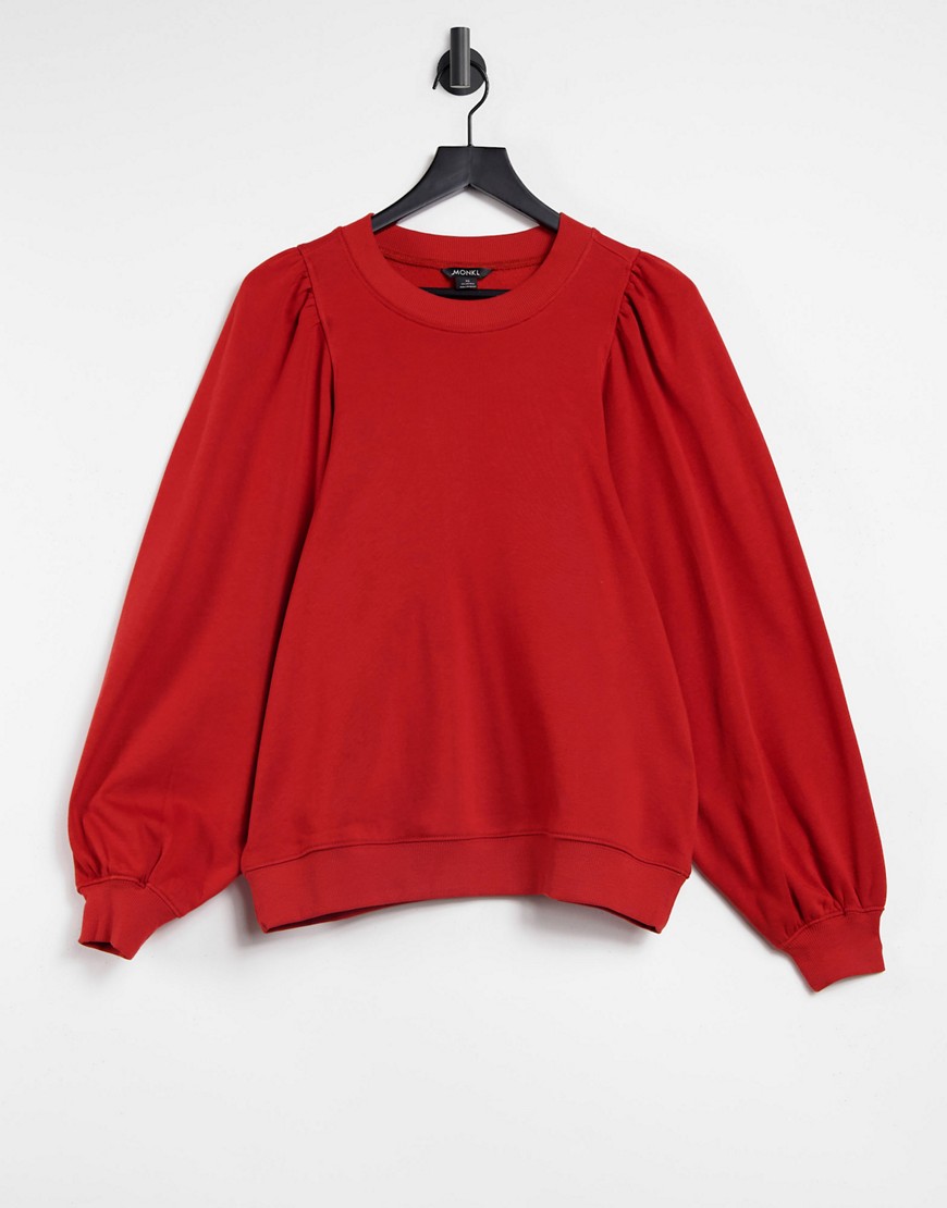 Monki Maricia organic blend cotton puff sleeve sweatshirt in red