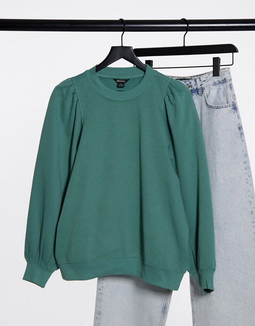 Monki Maricia organic blend cotton puff sleeve sweat shirt in dusty green