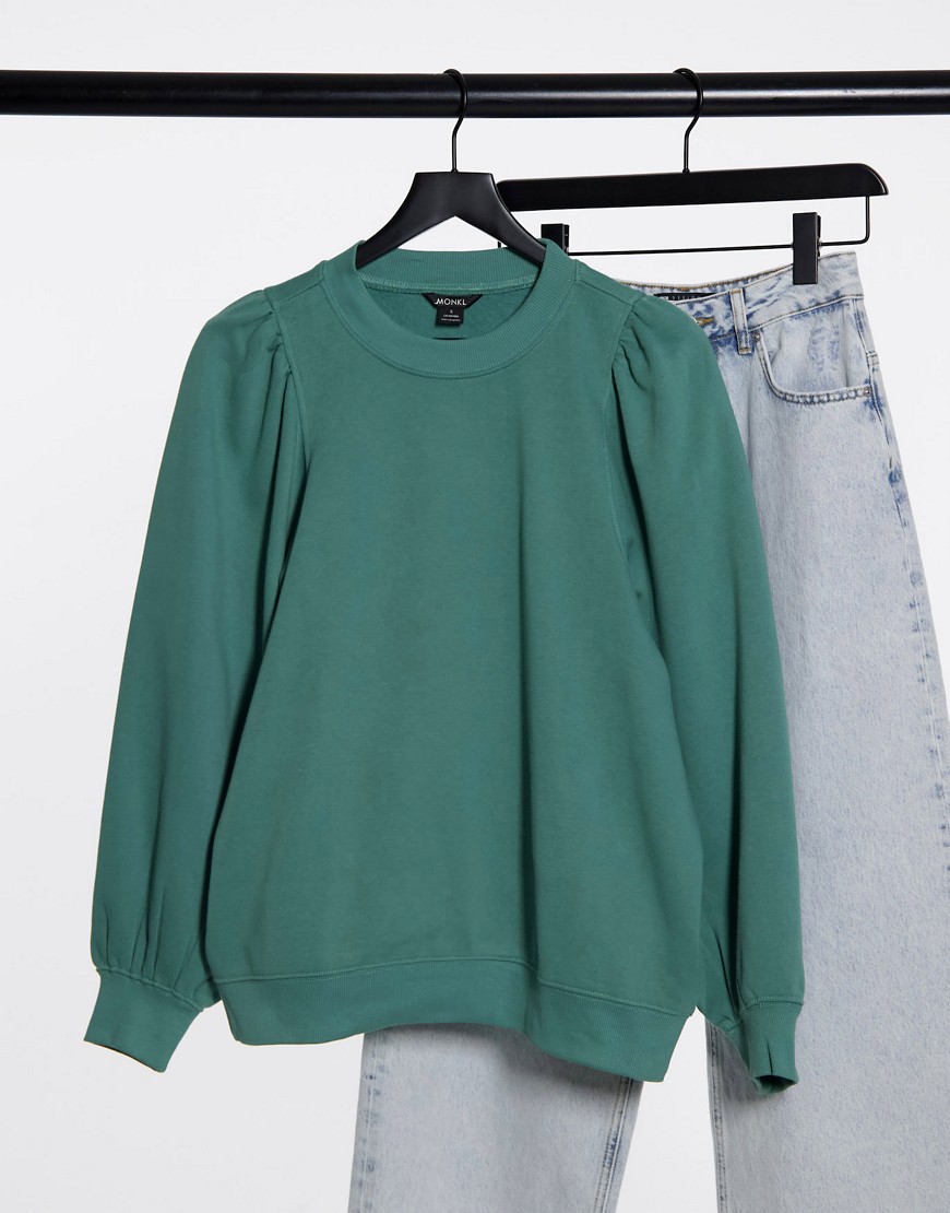 Monki - Maricia - Sweatshirt van biologische katoenmix met pofmouwen in stoffig groen
