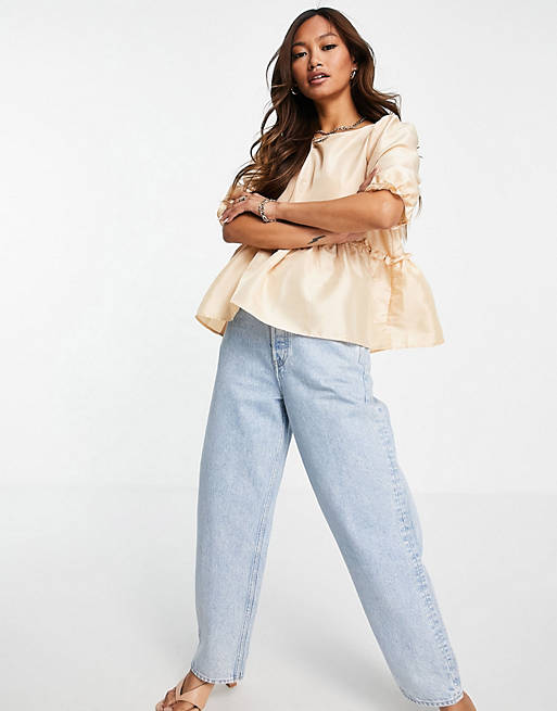Monki smock tiered blouse in champagne
