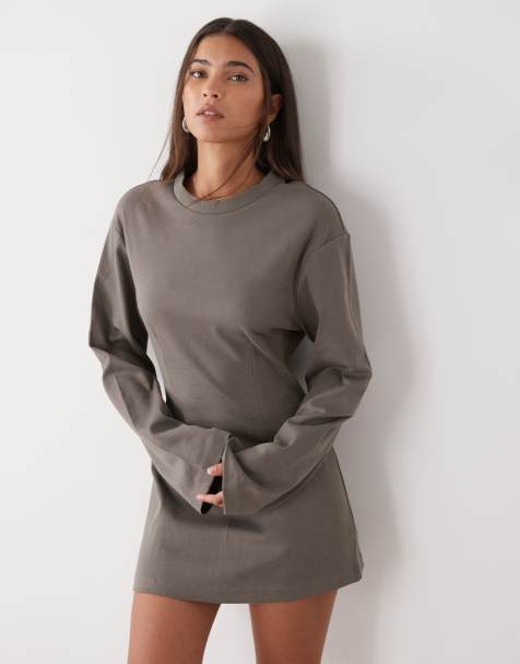 Monki – Marszczona w talii sukienka mini z długimi rękawami w kolorze khaki - view 1