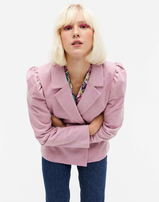 Monki - Mary - Aansluitende blazer van corduroy met pofmouwen in roze