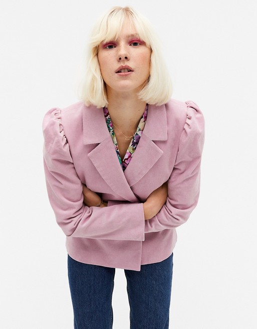 Monki Mary fitted puff shoulder cord blazer in pink