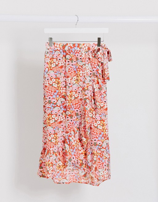 Monki Mary-lou floral print frill wrap midi skirt in red