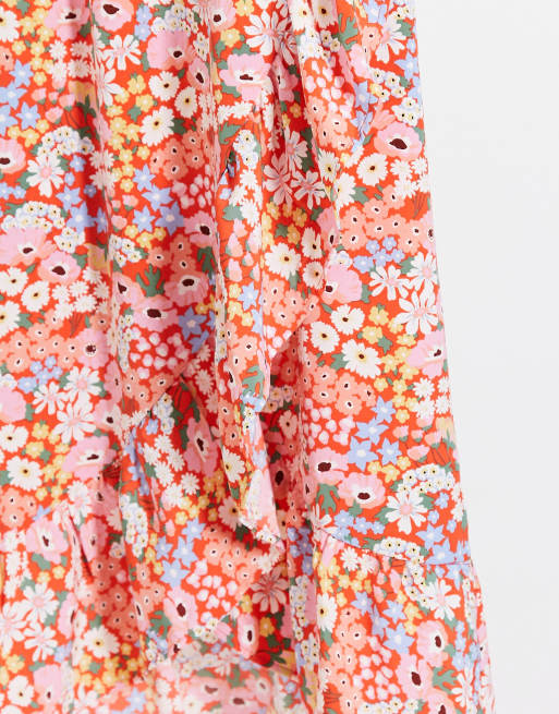 Monki - Mary-lou - Midirok met overslag, bloemenprint en ruches in rood, 4 van 4