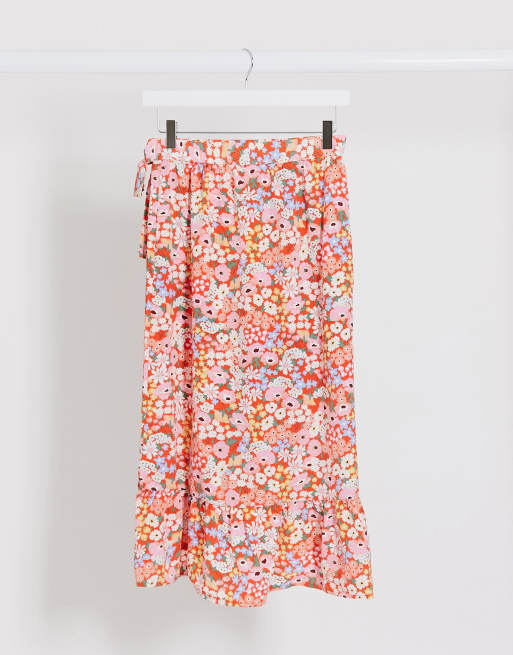 Monki - Mary-lou - Rød slå-om-midinederdel med flæser og blomsterprint, 2 af 4
