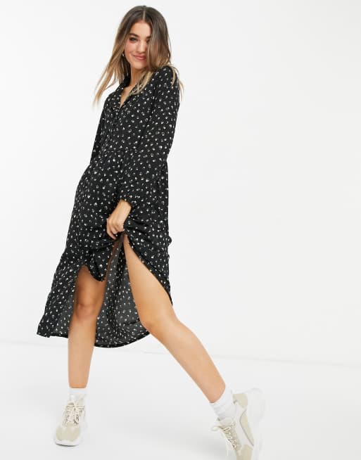 Monki Matilda long sleeve midi dress in black floral