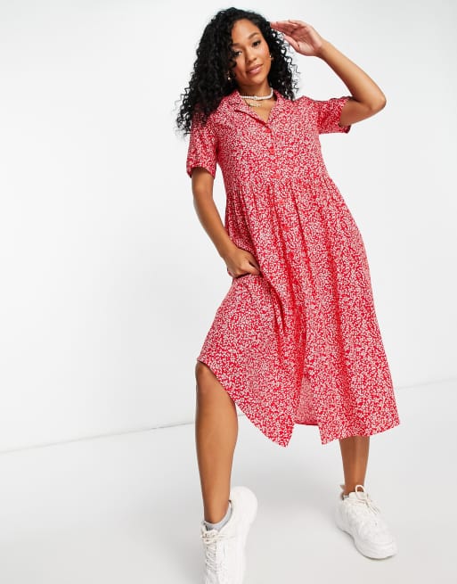 Monki – Mattan – Czerwona sukienka koszulowa midi w kwiatowy wzór – RED
