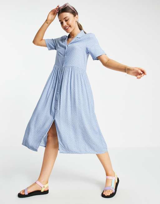 Monki - Mattan - Midi-overhemdjurk in blauw met stippenprint - MBLUE