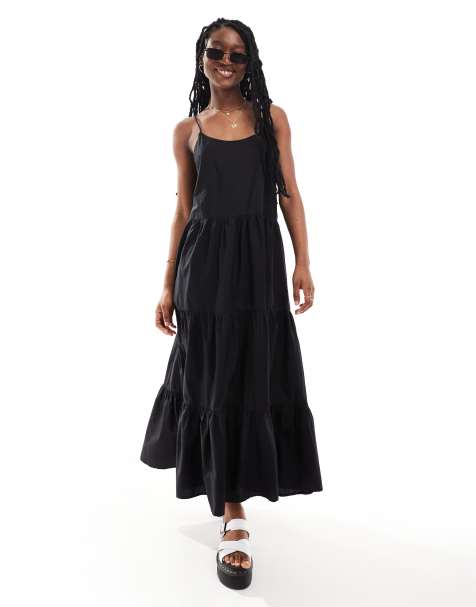 Monki maxi dress with tiered layers and strappy low back in black - view 1