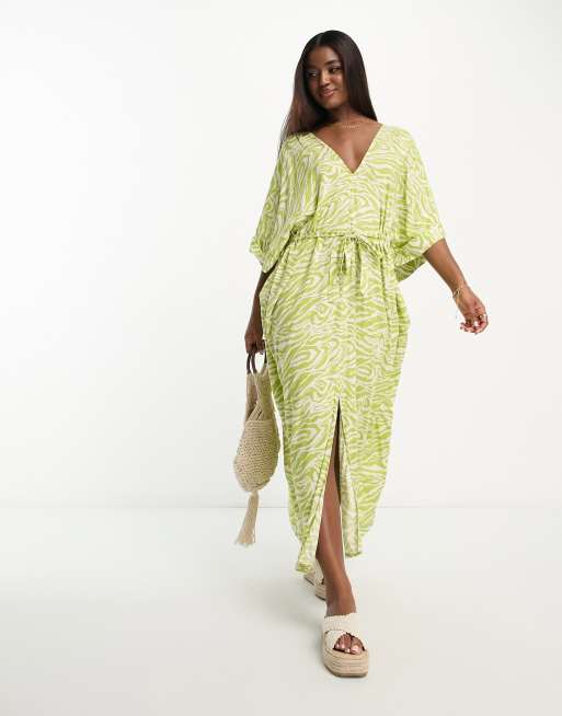 Monki - Maxi kaftanjurk met gestrikte taille in limoengroene zebraprint