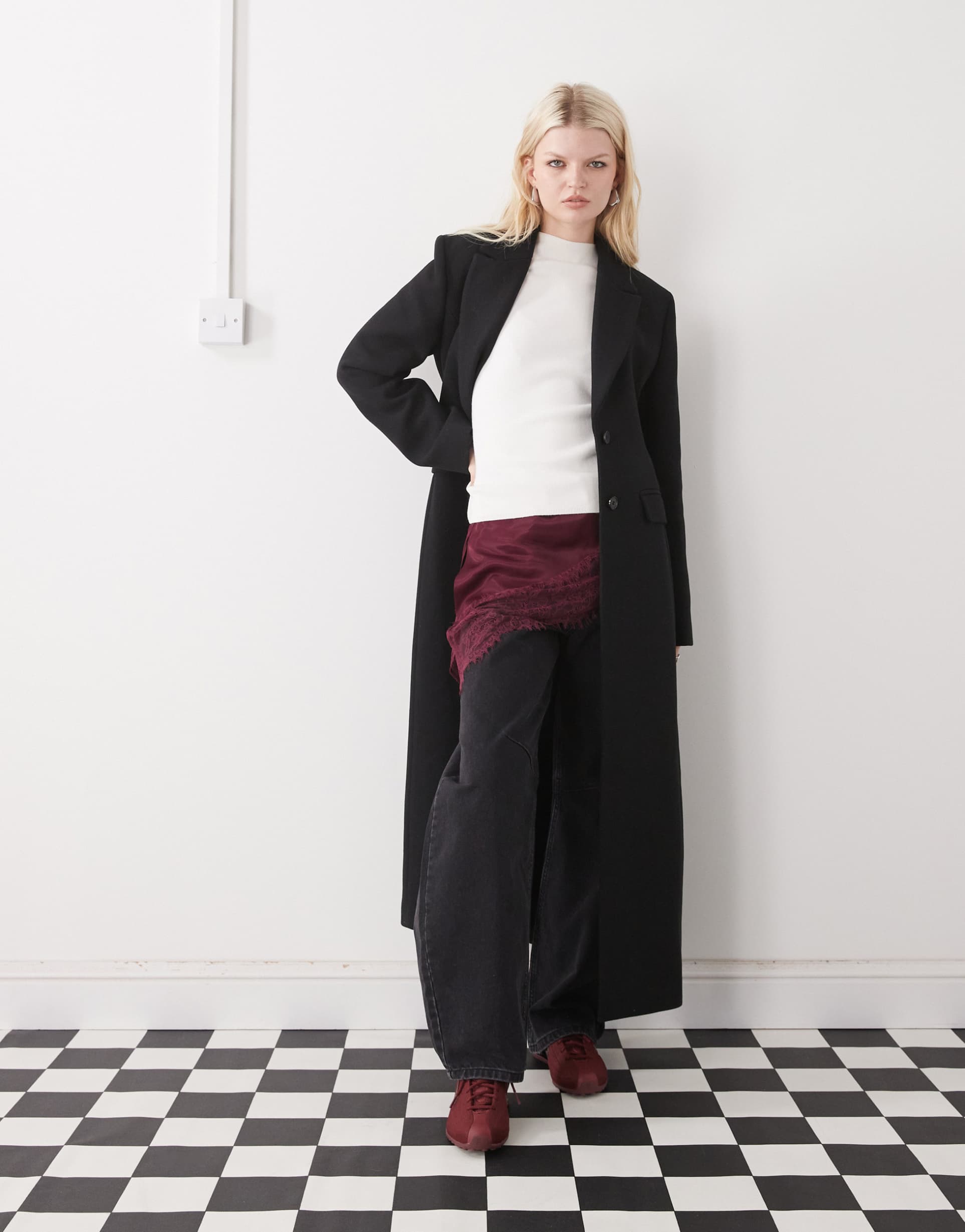 monki maxi length coat with wool in black