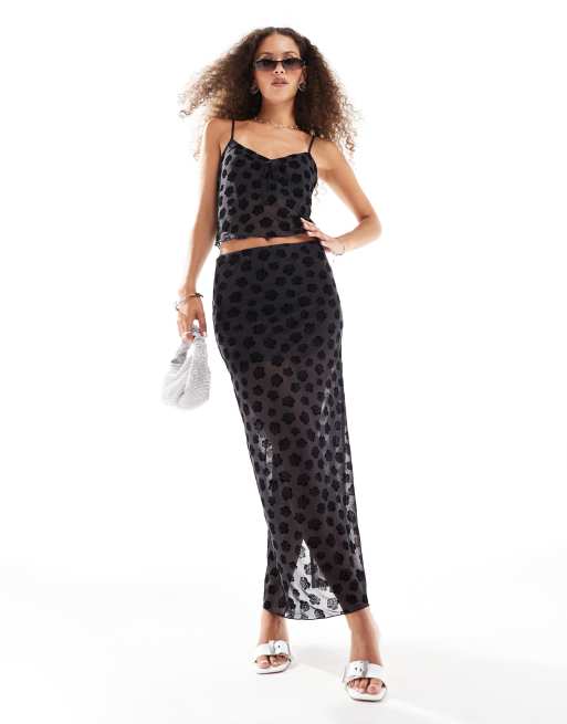 Monki - Maxi rok van gelaagd mesh met fluwelen flocking in zwart, deel van co-ord set