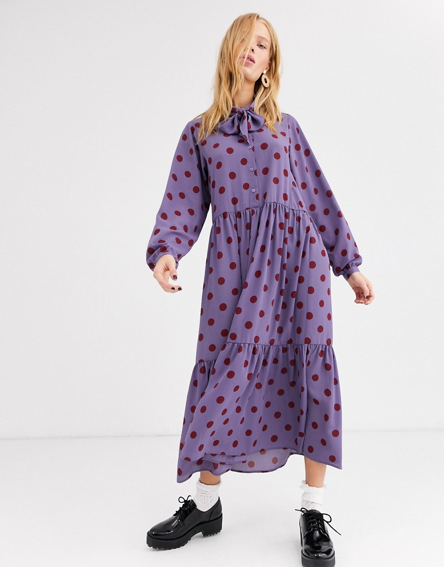 Monki maxi rust polka dot dress with pussy bow neck in purple