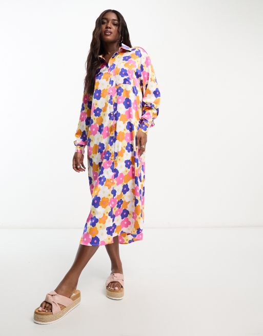 Monki maxi satin floral print shirt dress in multi | ASOS