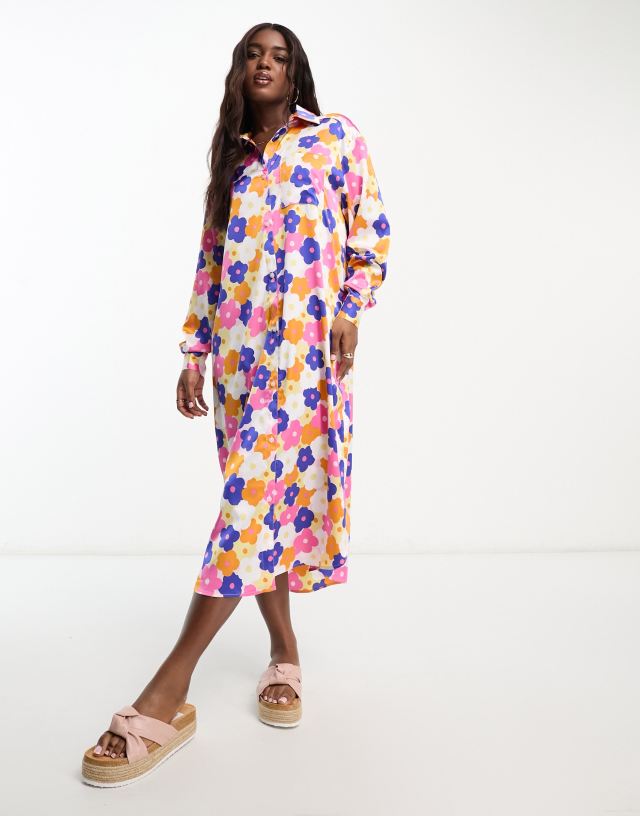 Monki maxi satin floral print shirt dress in multi