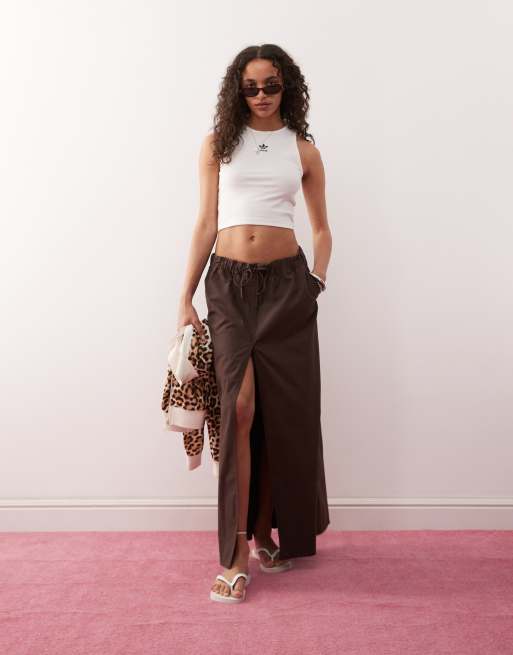Monki maxi skirt with contrast waistband in brown