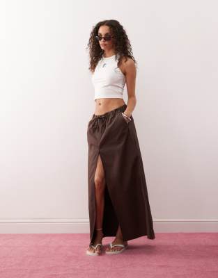 Monki Maxi Skirt With Elastic Waistband In Brown