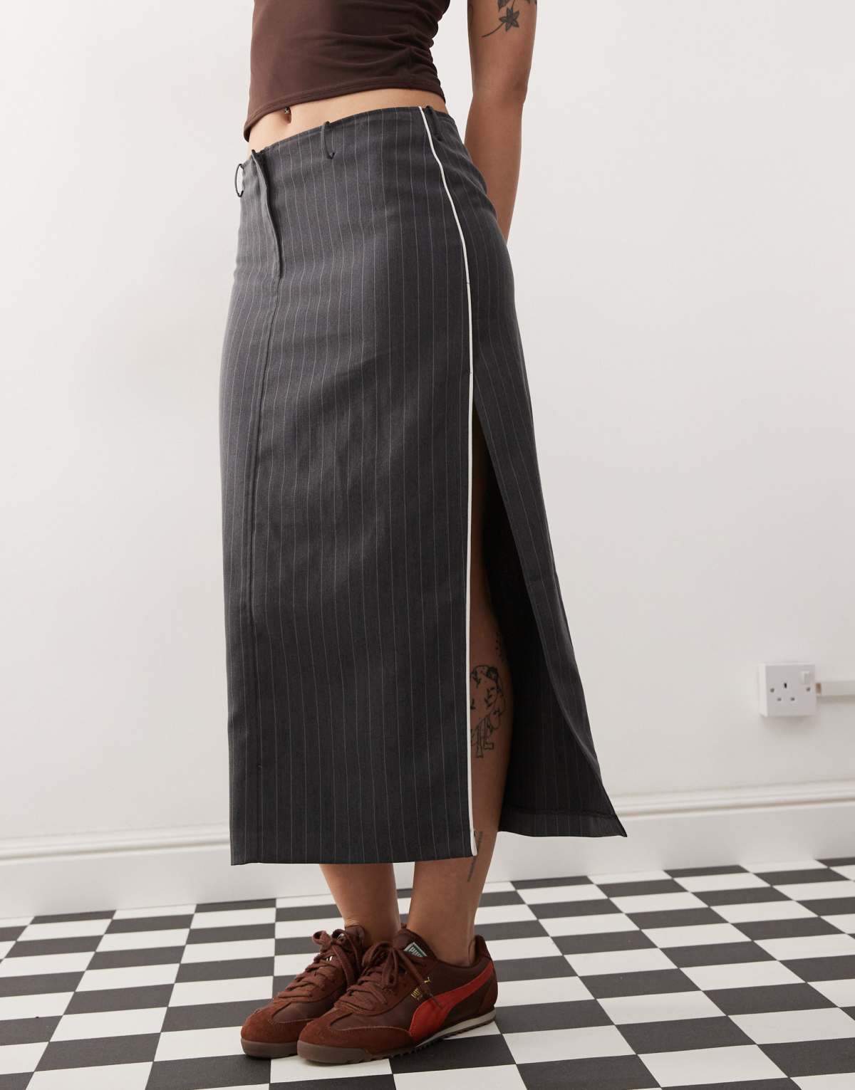 Monki maxi skirt with side split in grey pinstripe