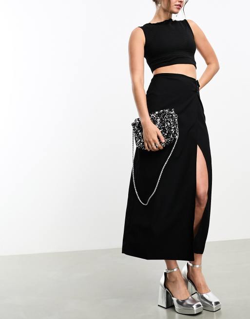 Monki maxi skirt with thigh split in black | ASOS