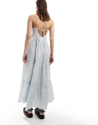 maxi sun dress with tiered layers and strappy low back in blue scattered ditsy flower print-Multi