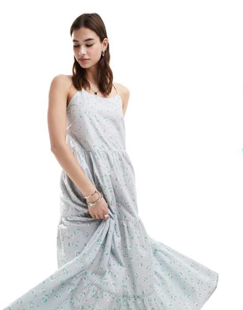 Monki maxi sun dress with tiered layers and strappy low back in blue scattered ditsy flower print - view 1