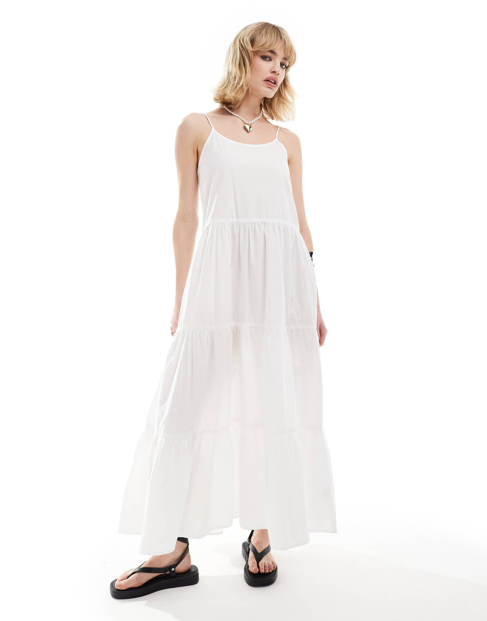 monki maxi sun dress with tiered layers and strappy low back in white