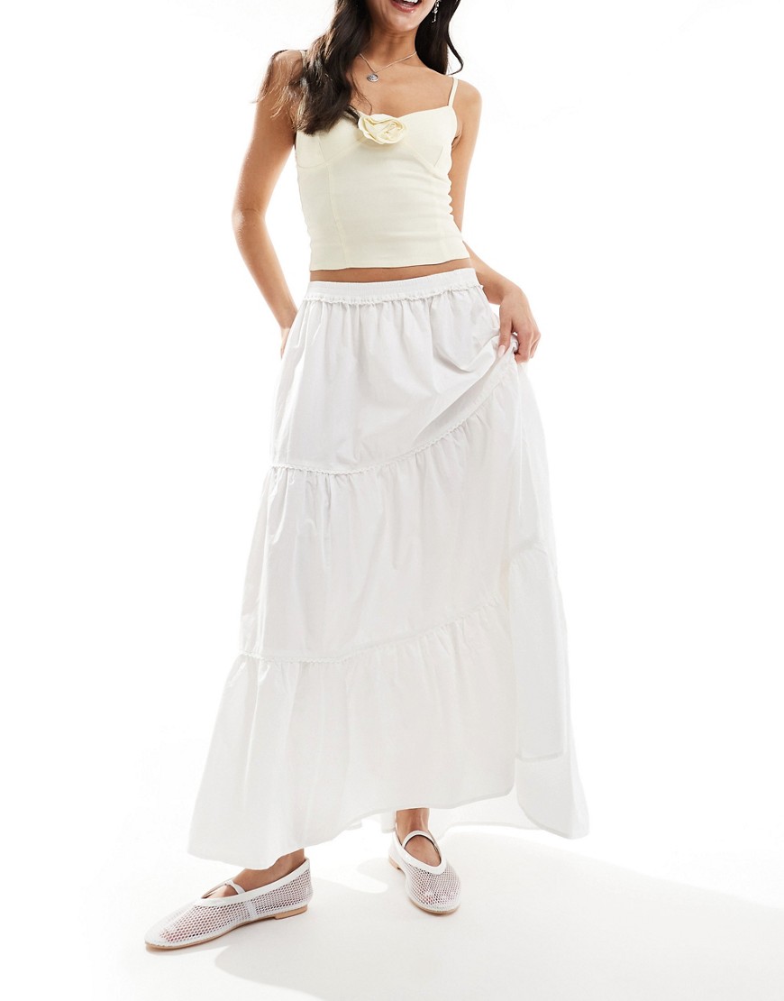 Monki maxi tiered poplin cotton skirt with half elastic waist in white