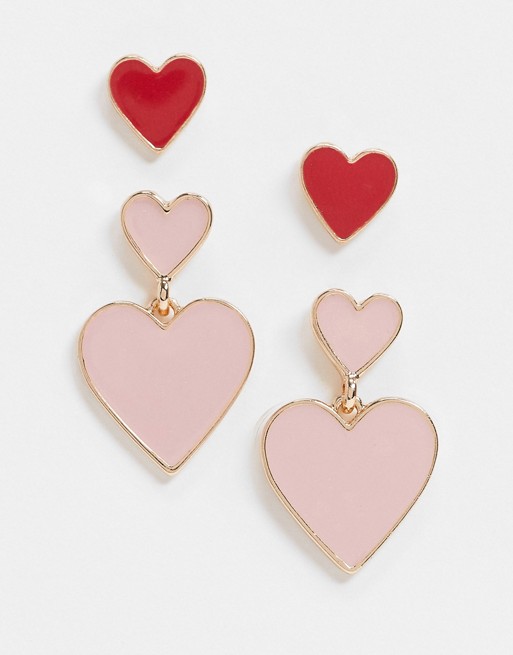 Monki Mela 2 pack heart earrings in pink and red