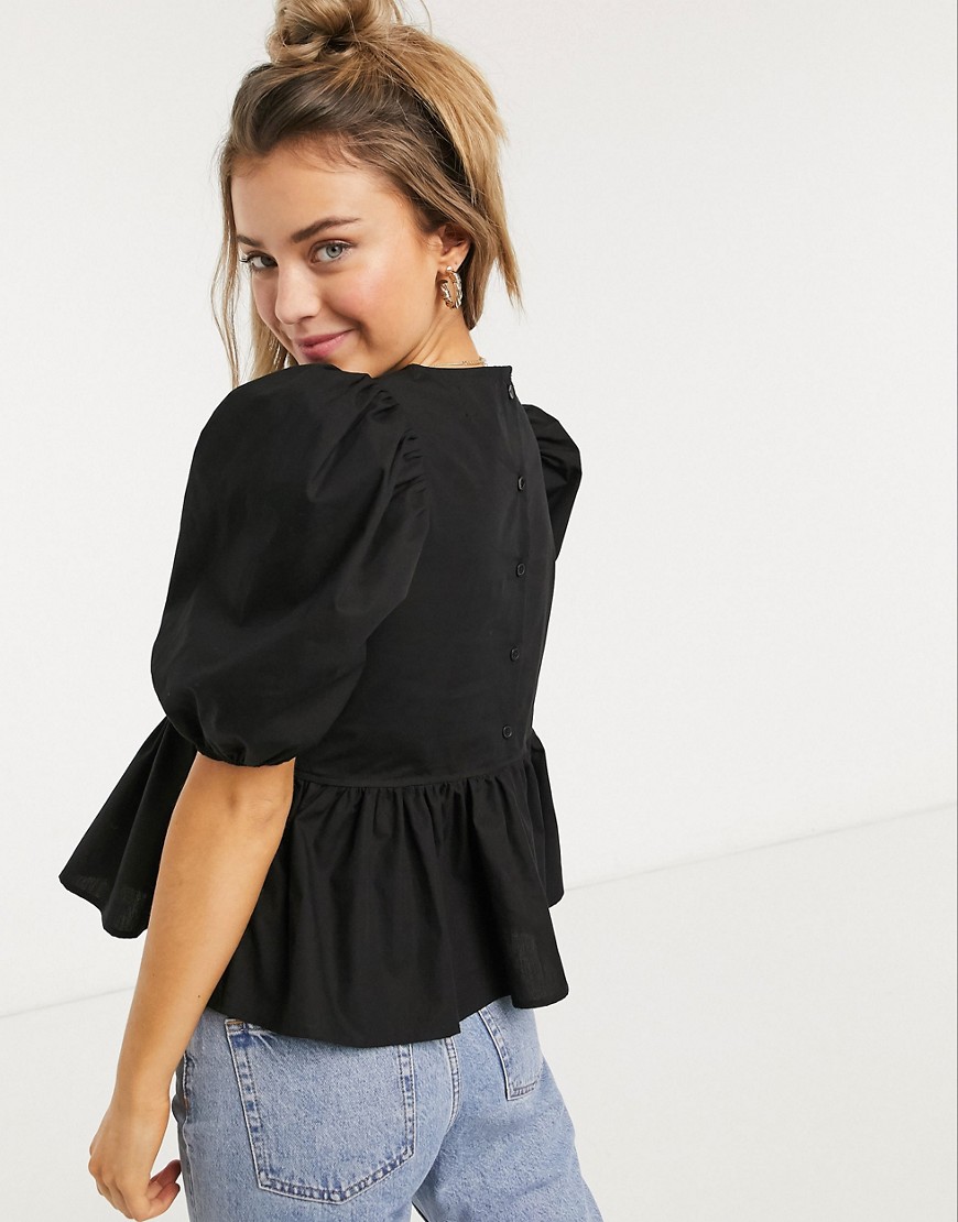 Monki Melina poplin organic cotton puff sleeve blouse in black