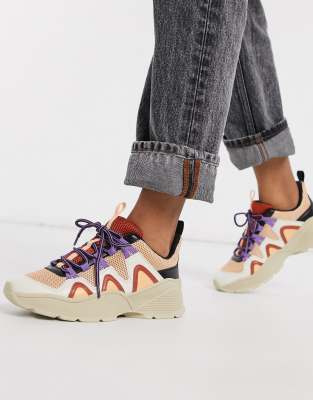 Monki mesh and PU colour block chunky trainer in white and pink