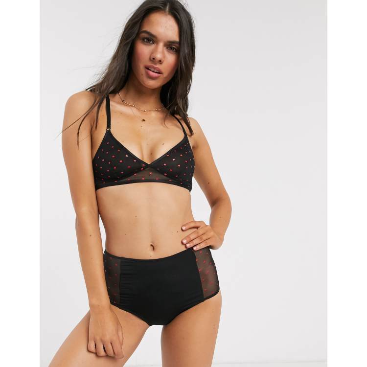 Monki mesh bra with heart print in black