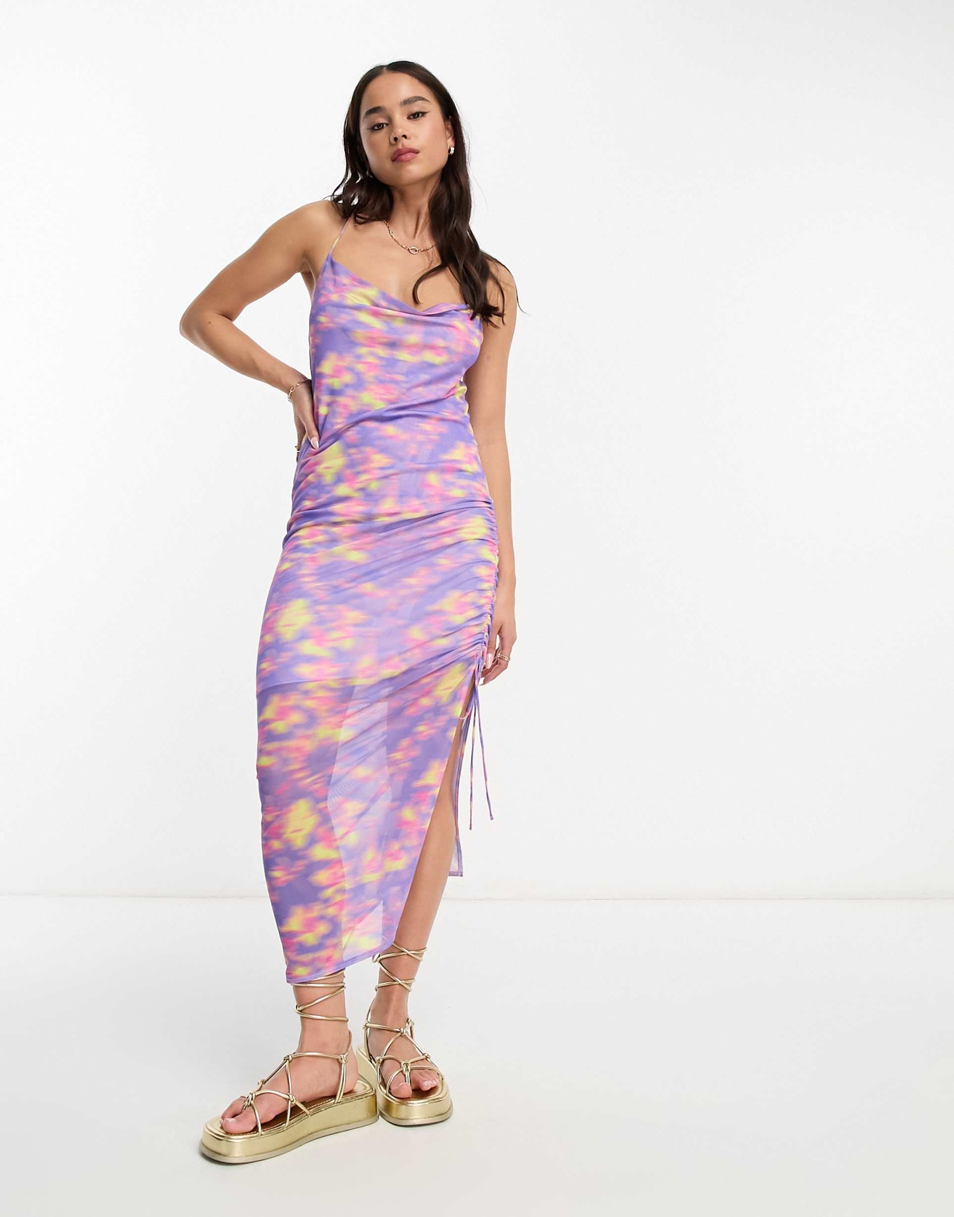 monki mesh cami gathered midi dress in blurred flower print