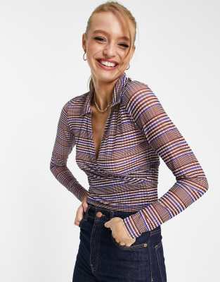 Monki mesh collared top in gray square check