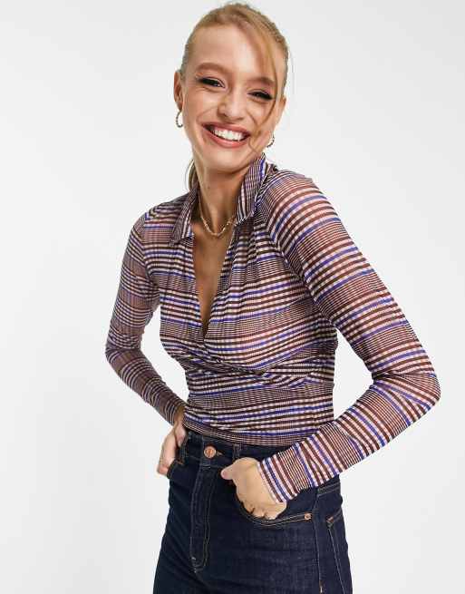 Monki mesh collared top in gray square check | ASOS