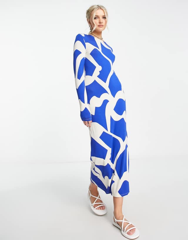 Monki mesh fitted midi dress in blue abstract print