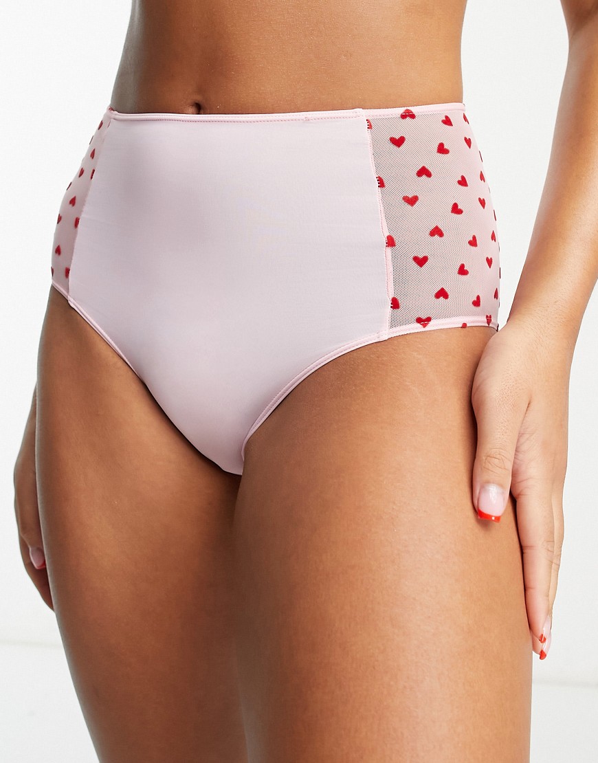 Monki Mesh High Waisted Brief In Heart Print In Pink