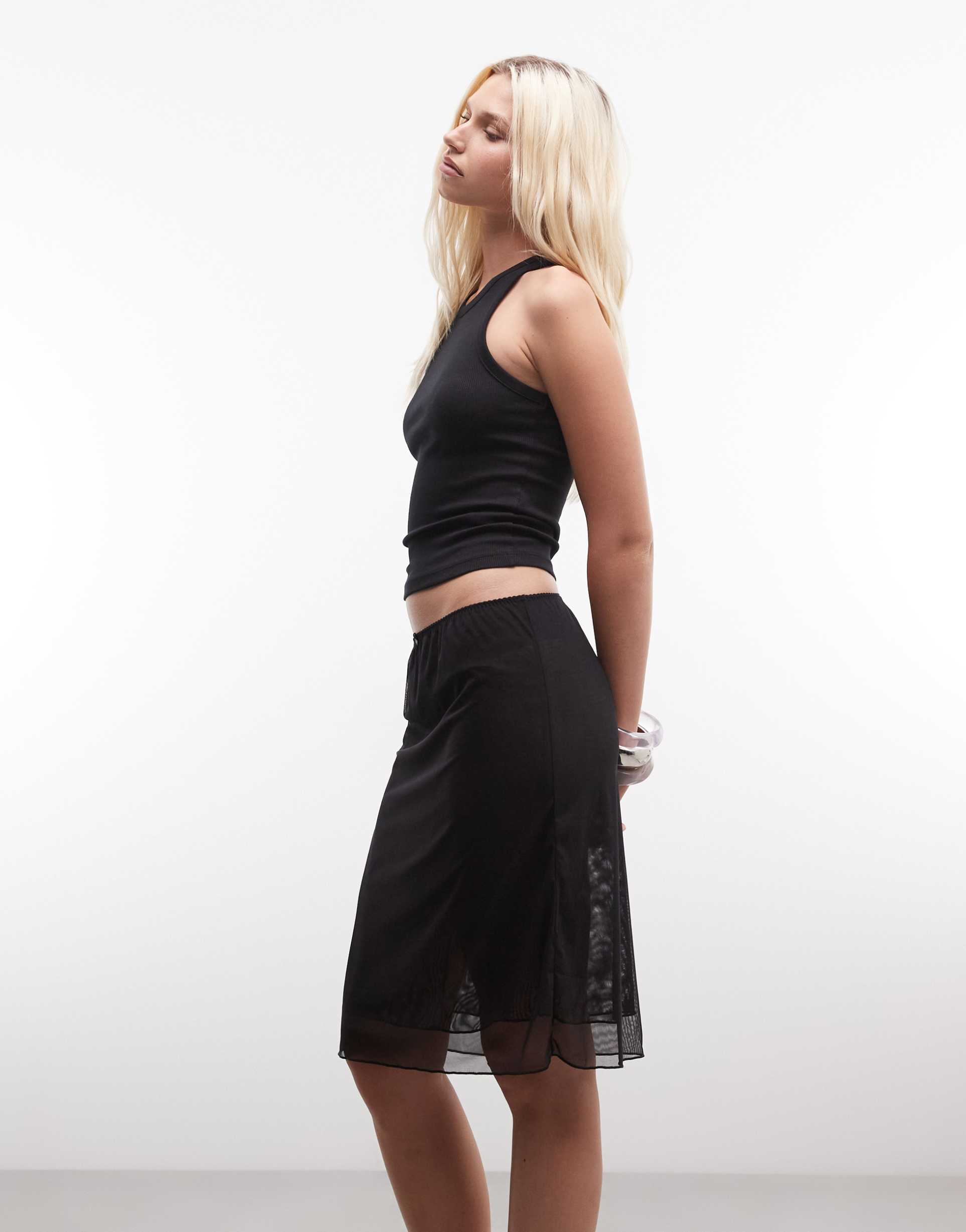 monki mesh knee length skirt in black