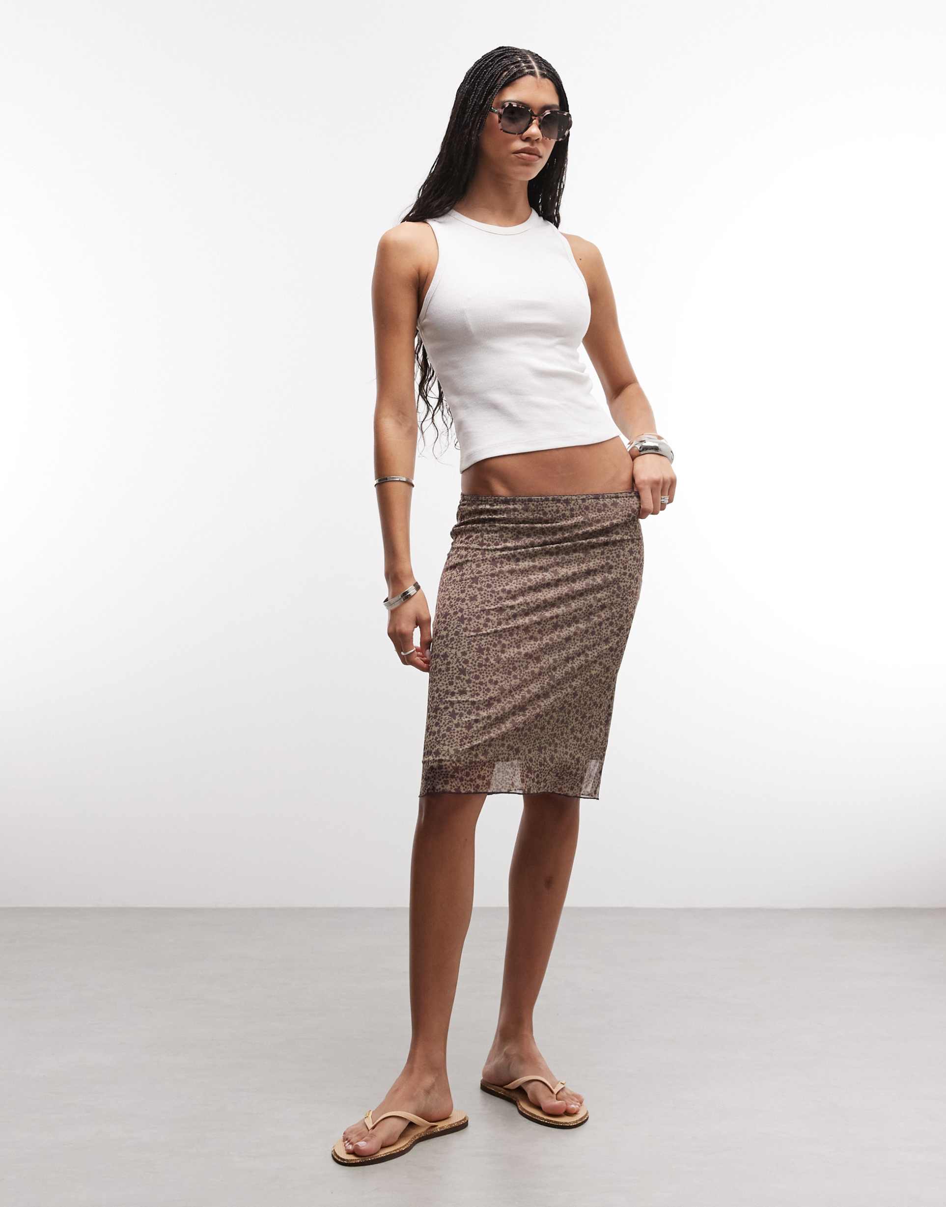 monki mesh knee length skirt in khaki vintage floral