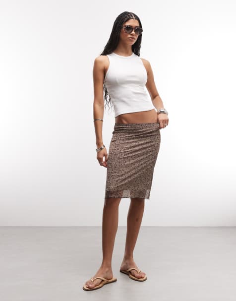 Monki mesh knee skirt in khaki vintage floral - view 1