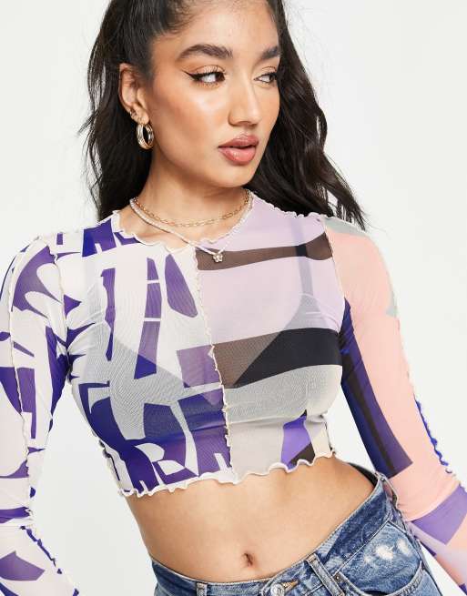 Monki Mesh Long Sleeve Crop Top in Purple Graphic Print