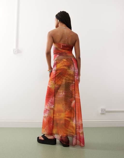 Monki mesh maxi skirt in pink & orange tropical flower print - part of a  set | ASOS