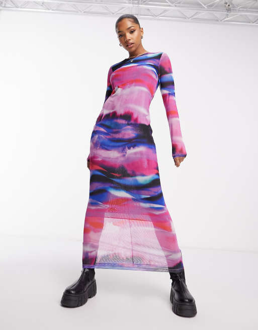 Monki mesh midi dress in black and pink and purple print | ASOS