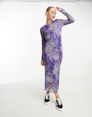 Monki mesh midi dress in purple and green swirl print