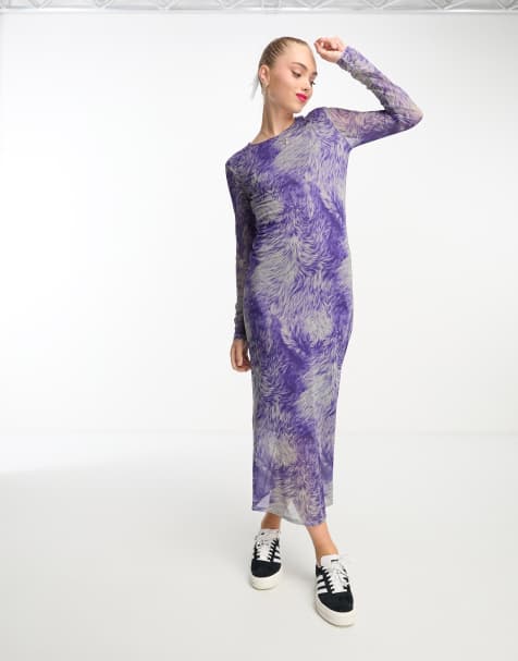 Monki mesh midi dress in purple and green swirl print - view 1