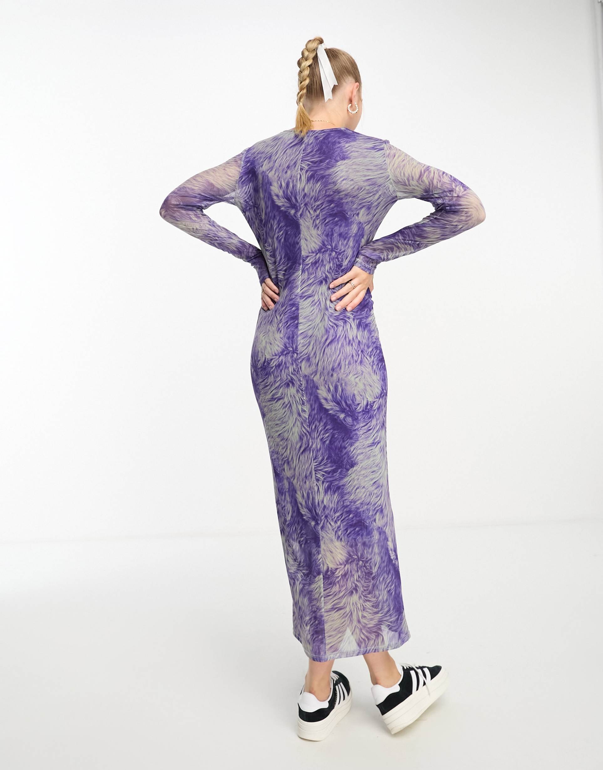 monki mesh midi dress in purple and green swirl print