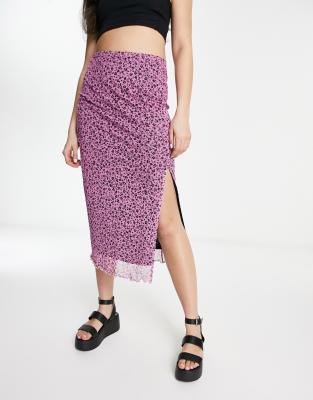 Monki mesh midi skirt with split in pink meadow floral