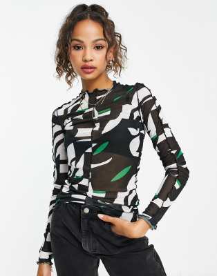 Monki mesh overlock top in black and white print