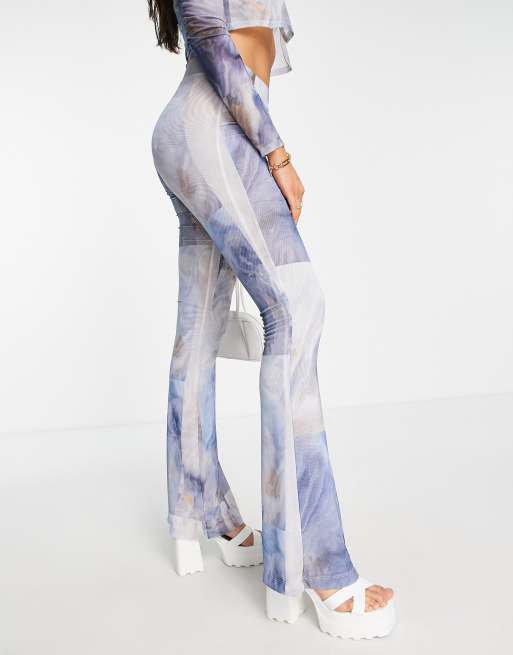 Monki mesh pants in blue marble check print