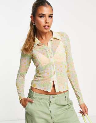 mesh polo shirt in pastel retro floral print-Multi